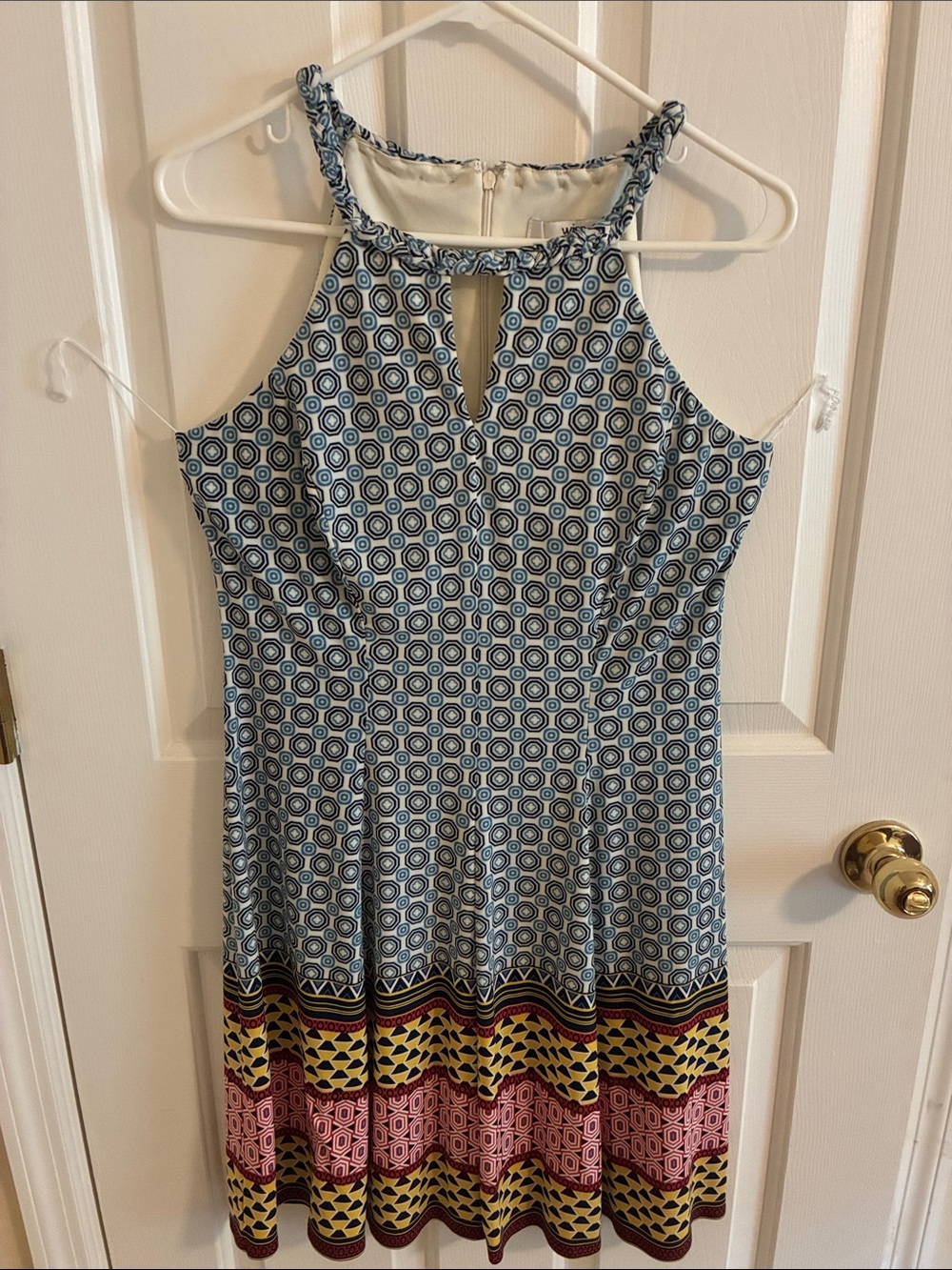 Blue Printed Halter Mini Dress with Multicolor Border